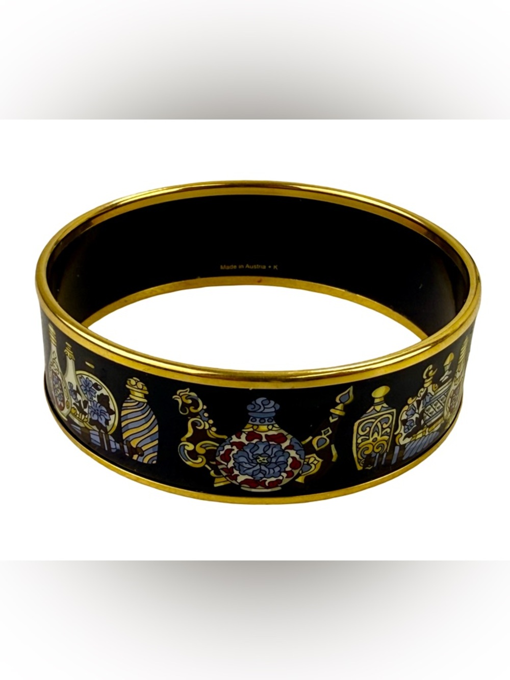 HERMES “QU’ IMPORTE LE FLACON” PRINTED WIDE ENAMEL BANGLE BRACELET
